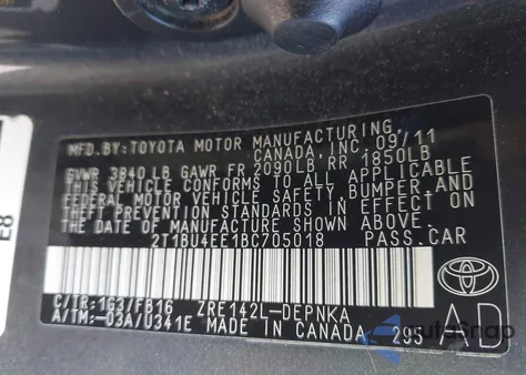 2011 Toyota Corolla S/Le from USA, damaged, VIN 2T1BU4EE1BC705018
